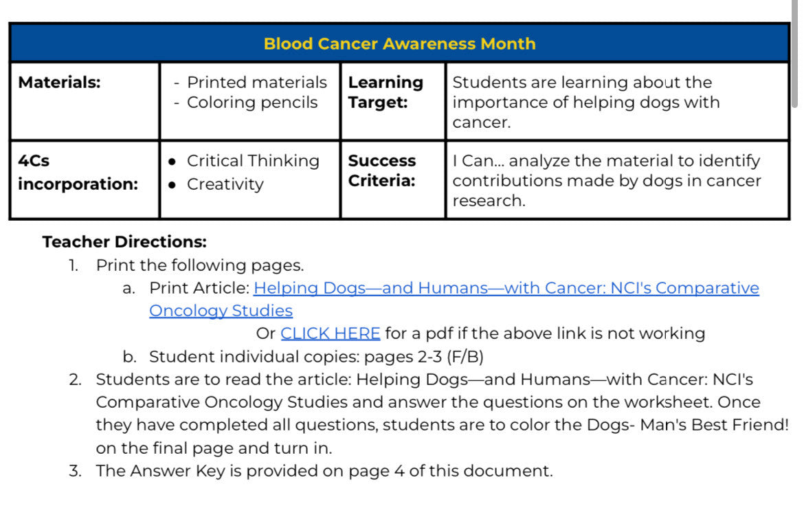 Cancer Awareness Month-September Sub Plan