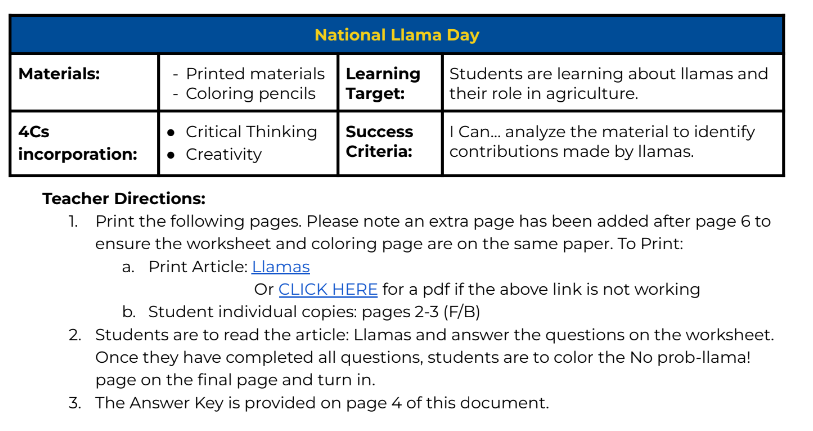 Single Day Lesson- National llama day