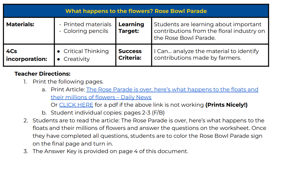 January Single Day Lesson Plan- Rose Bowl Parade
