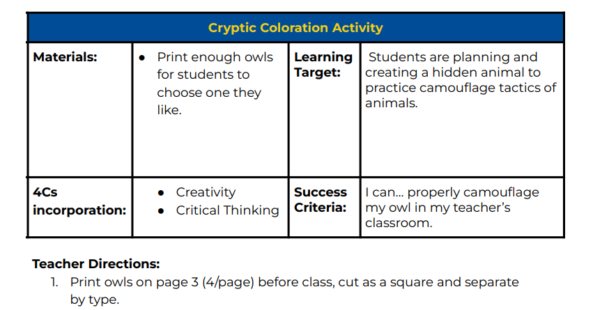 Single Day Lesson- Cryptic Coloration Lesson – OwlBeReady